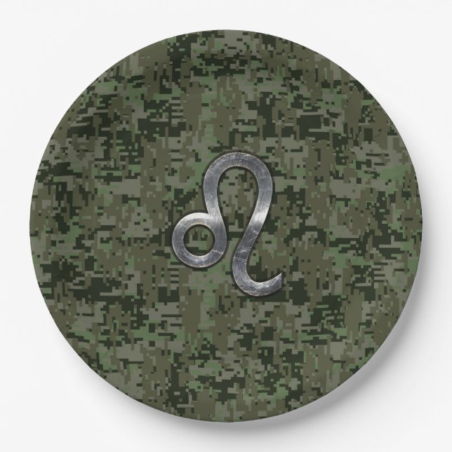 Leo Zodiac Sign on Olive Green Digital Camo Paper Plates (Front)
