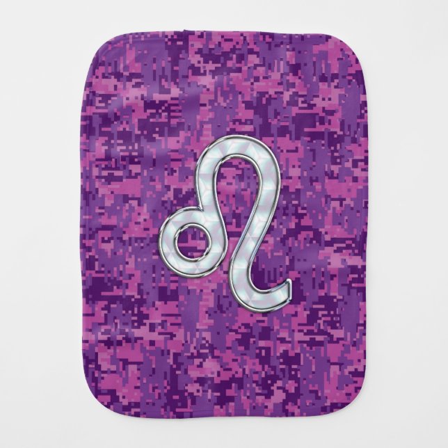Leo Zodiac Sign on Pink Fuchsia Digital Camo Burp Cloth (Front)