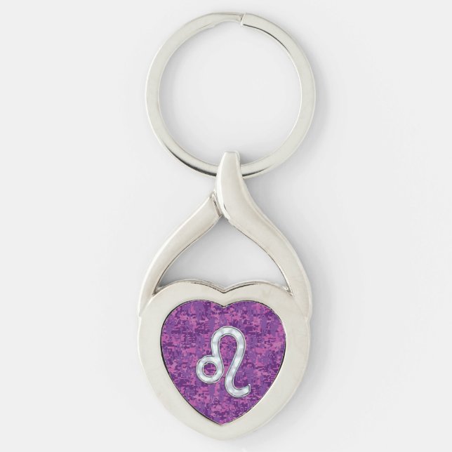 Leo Zodiac Sign on Pink Fuchsia Digital Camo Keychain (Front)