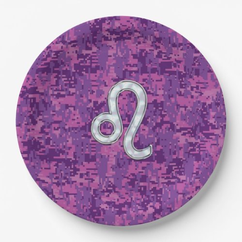 Leo Zodiac Sign on Pink Fuchsia Digital Camo Paper Plates