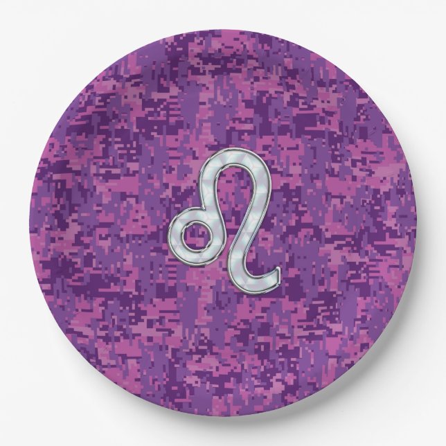 Leo Zodiac Sign on Pink Fuchsia Digital Camo Paper Plates (Front)