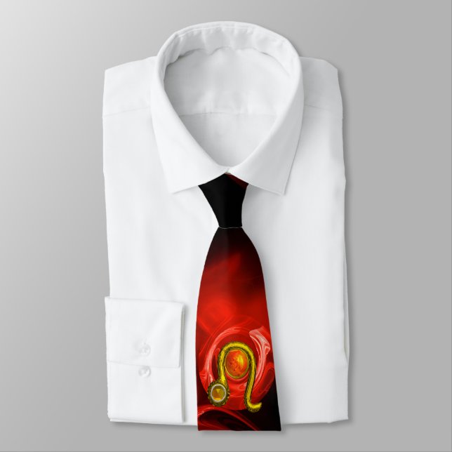 LEO ZODIAC SIGN ,RED FRACTAL ROSE IN BLACK NECK TIE (Tied)