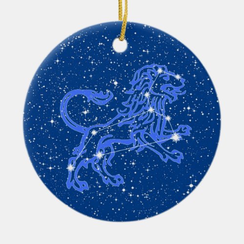 Leo Zodiac Sign with Stars on Deep Blue  Ceramic Ornament