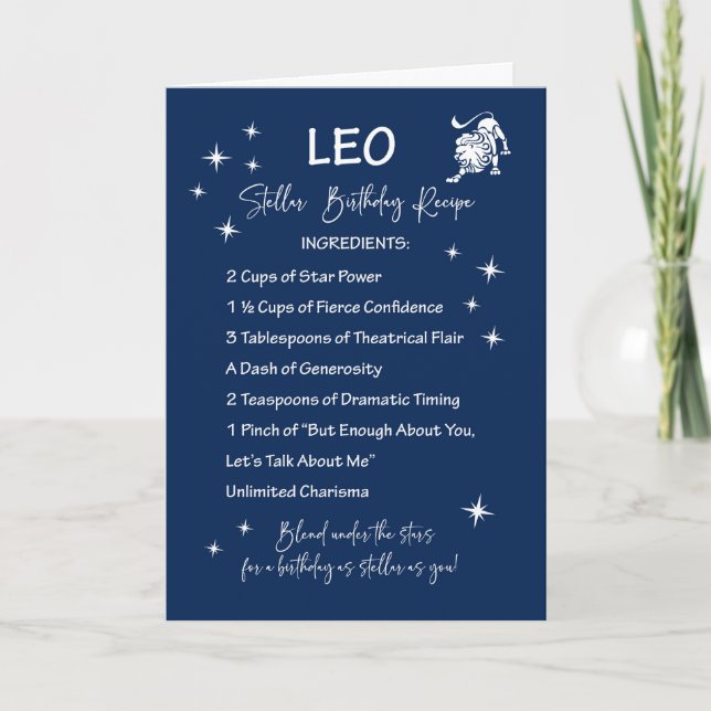 Leo Zodiac Stellar Birthday Recipe Card (Front)
