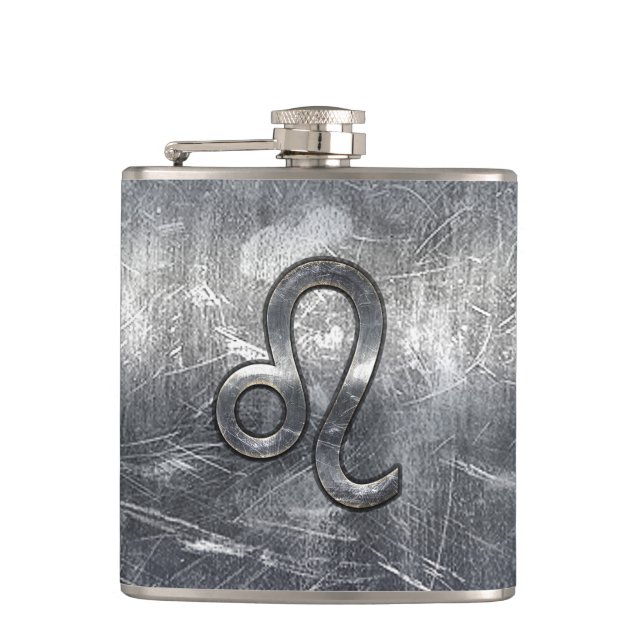 Leo Zodiac Symbol in Grunge Distressed Style Flask (Front)