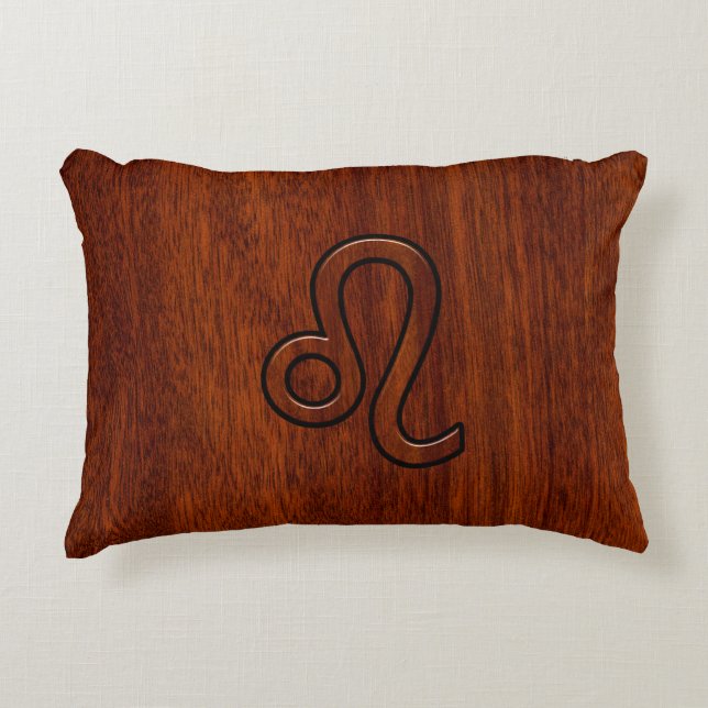 Leo Zodiac Symbol in Mahogany wood style Accent Pillow (Front)