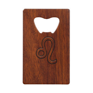 Leo Zodiac Symbol in Mahogany wood style Credit Card Bottle Opener