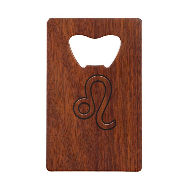 Leo Zodiac Symbol in Mahogany wood style Credit Card Bottle Opener (Front)