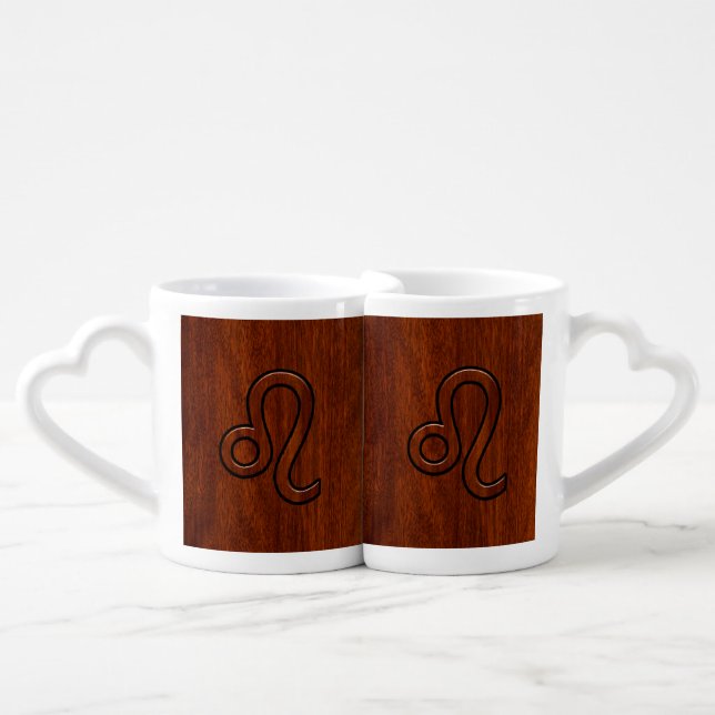 Leo Zodiac Symbol in Mahogany wood style decor Coffee Mug Set (Front Nesting)