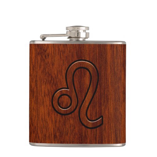 Leo Zodiac Symbol in Mahogany wood style decor Flask