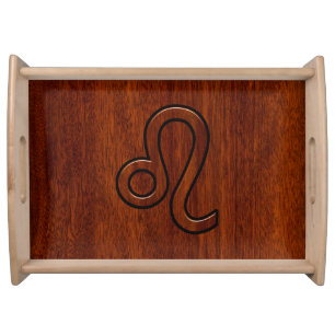 Leo Zodiac Symbol in Mahogany wood style decor Serving Tray