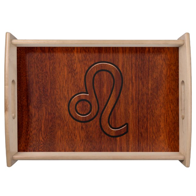 Leo Zodiac Symbol in Mahogany wood style decor Serving Tray (Front)