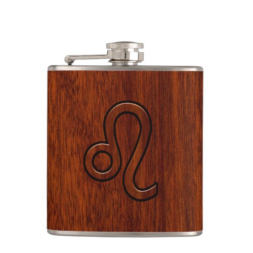 Leo Zodiac Symbol in Mahogany wood style Hip Flask