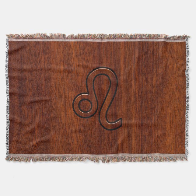 Leo Zodiac Symbol in Mahogany wood style Throw Blanket (Front)
