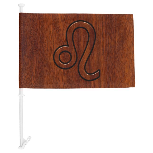 Leo Zodiac Symbol in Rich Mahogany wood style Car Flag (Front)