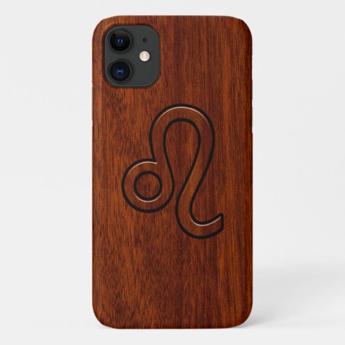 Leo Zodiac Symbol in Rich Mahogany wood style iPhone 11 Case