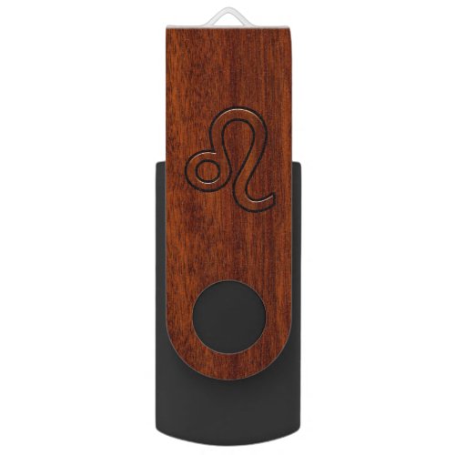 Leo Zodiac Symbol in Rich Mahogany wood style Flash Drive