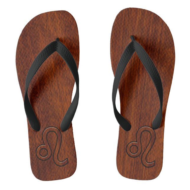 Leo Zodiac Symbol in Rich Mahogany wood style Flip Flops (Footbed)