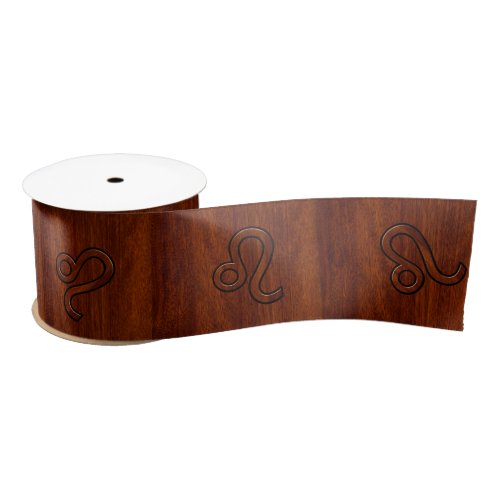 Leo Zodiac Symbol in Rich Mahogany wood style Satin Ribbon
