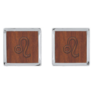 Leo Zodiac Symbol in Rich Mahogany wood style Silver Cufflinks