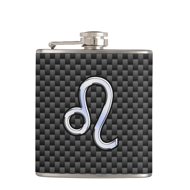 Leo Zodiac Symbol on Carbon Fiber Style Print Hip Flask (Front)