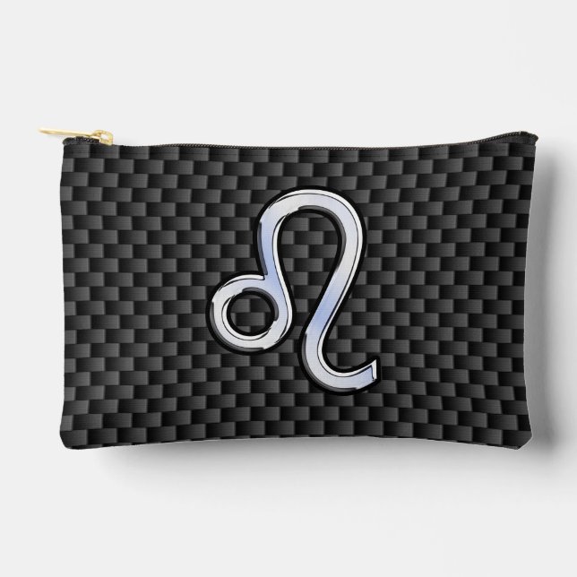 Leo Zodiac Symbol on Charcoal Carbon Fiber Decor Accessory Pouch (Front)