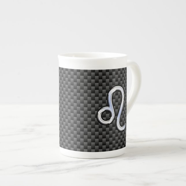 Leo Zodiac Symbol on Charcoal Carbon Fiber Decor Bone China Mug (Front Right)
