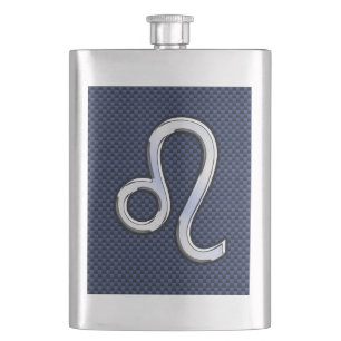 Leo Zodiac Symbol on Navy Blue Carbon Fiber Print Flask