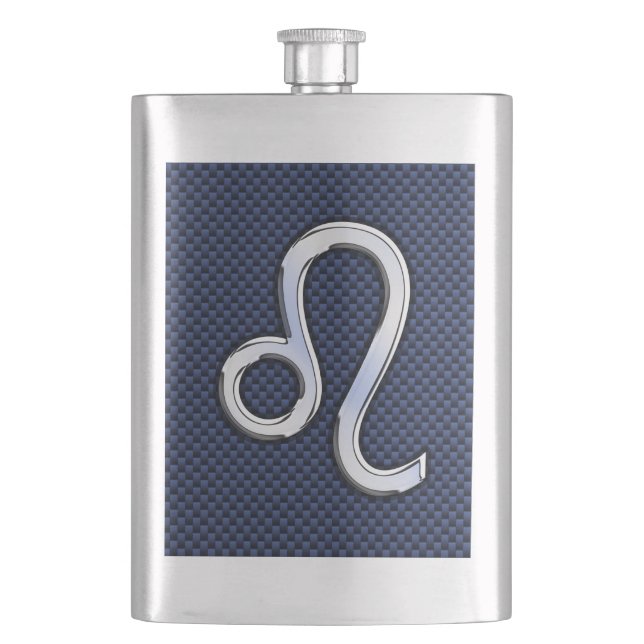 Leo Zodiac Symbol on Navy Blue Carbon Fiber Print Flask (Front)