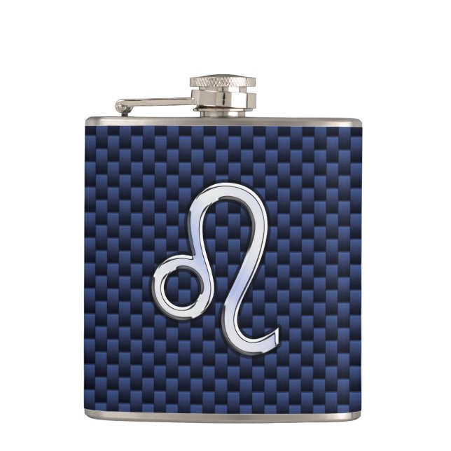 Leo Zodiac Symbol on Navy Blue Carbon Fiber Print Hip Flask (Front)
