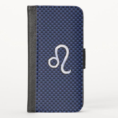 Leo Zodiac Symbol on Navy Blue Carbon Fiber Print iPhone X Wallet Case