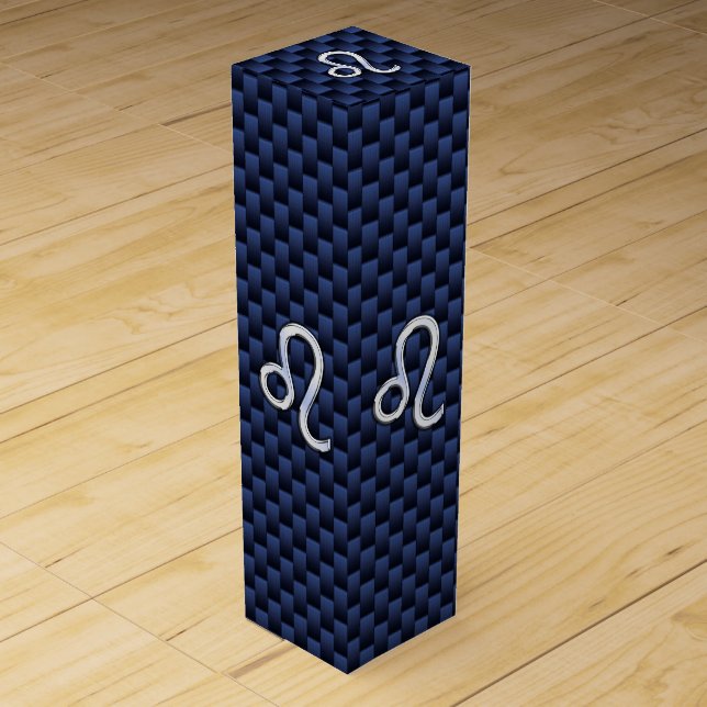 Leo Zodiac Symbol on Navy Blue Carbon Fiber Print Wine Box (Front)