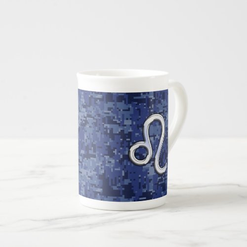 Leo Zodiac Symbol on Navy Blue Digital Camo Bone China Mug