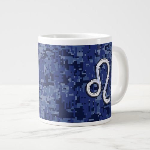 Leo Zodiac Symbol on Navy Blue Digital Camo Large Coffee Mug