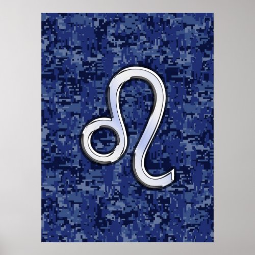 Leo Zodiac Symbol on Navy Blue Digital Camo Poster