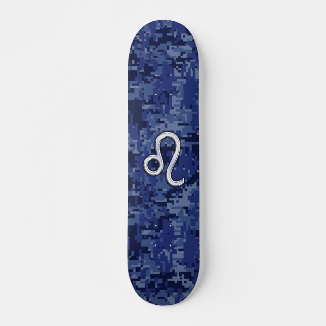 Leo Zodiac Symbol on Navy Blue Digital Camo Skateboard Deck (Front)