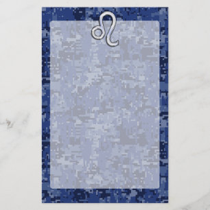 Leo Zodiac Symbol on Navy Blue Digital Camo Stationery