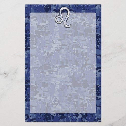 Leo Zodiac Symbol on Navy Blue Digital Camo Stationery