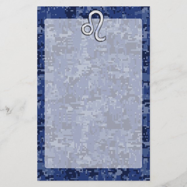 Leo Zodiac Symbol on Navy Blue Digital Camo Stationery (Front)