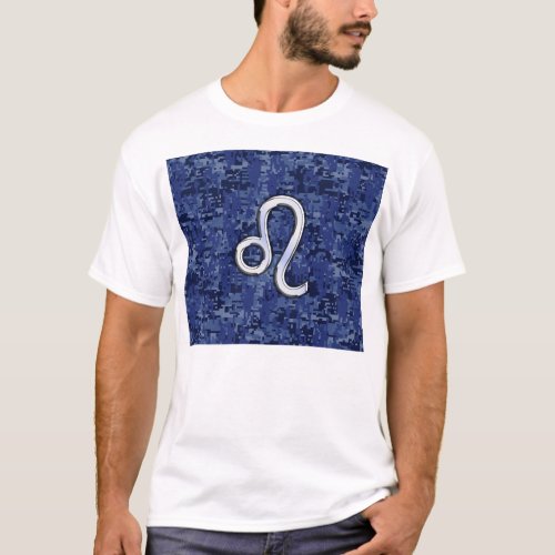 Leo Zodiac Symbol on Navy Blue Digital Camo T_Shirt