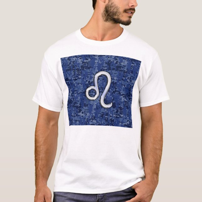 Leo Zodiac Symbol on Navy Blue Digital Camo T-Shirt (Front)