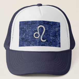 Leo Zodiac Symbol on Navy Blue Digital Camo Trucker Hat