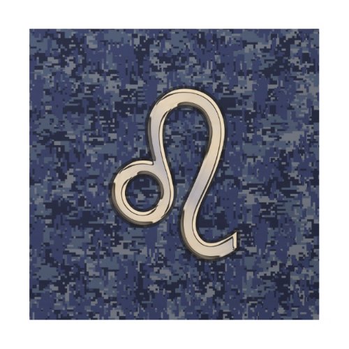 Leo Zodiac Symbol on Navy Blue Digital Camo Wood Wall Art