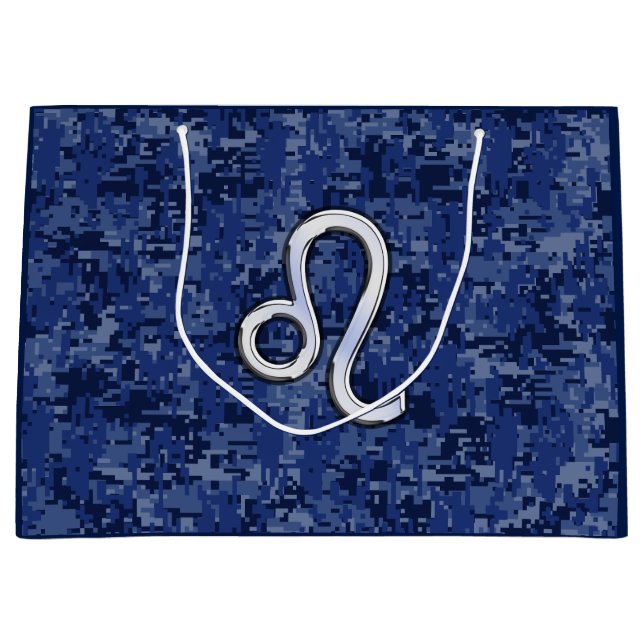 Leo Zodiac Symbol on Navy Blue Digital Camouflage Large Gift Bag (Front)