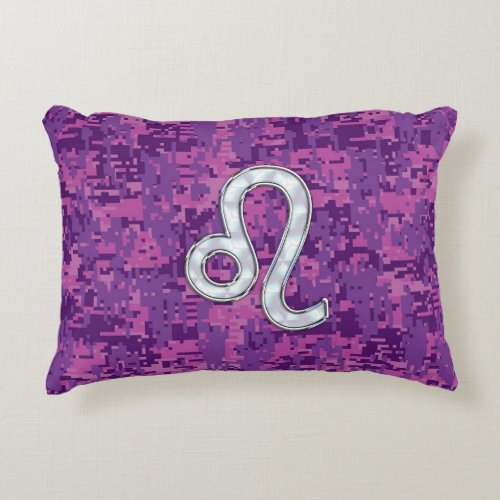 Leo Zodiac Symbol on Pink Fuchsia Digital Camo Accent Pillow