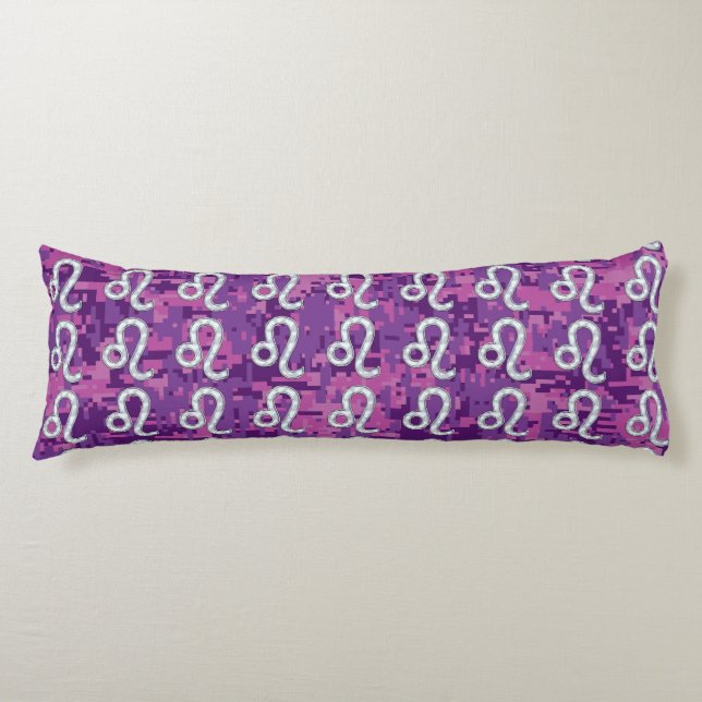 Leo Zodiac Symbol on Pink Fuchsia Digital Camo Body Pillow (Front)