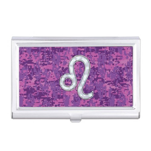 Leo Zodiac Symbol on Pink Fuchsia Digital Camo Business Card Case