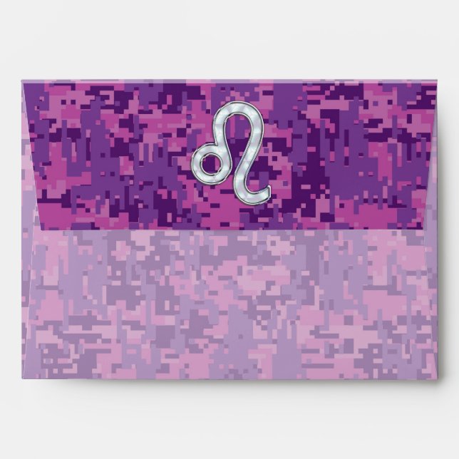 Leo Zodiac Symbol on Pink Fuchsia Digital Camo Envelope (Back (Top Flap))