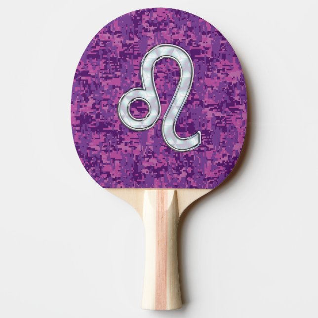 Leo Zodiac Symbol on Pink Fuchsia Digital Camo Ping Pong Paddle (Back)