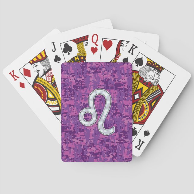 Leo Zodiac Symbol on Pink Fuchsia Digital Camo Poker Cards (Back)